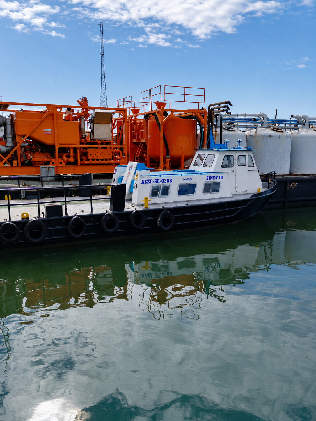 Embarcación SINDY III junto a equipos de cementación sobre gabarra