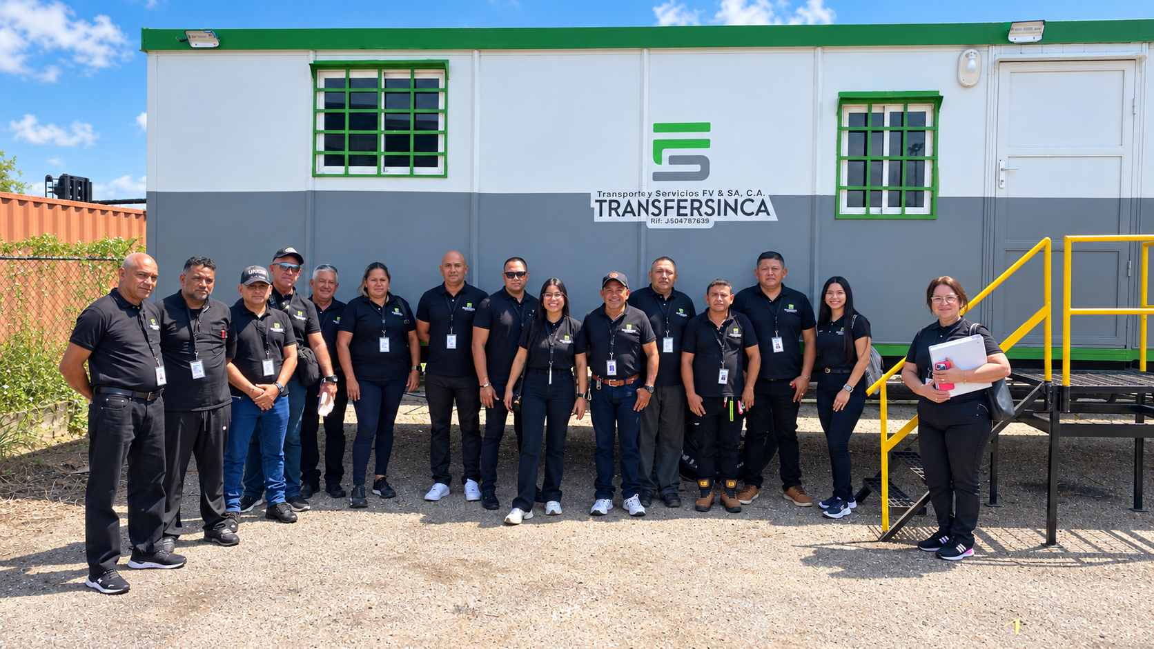 Equipo de trabajo de TRANSFERSINCA frente a sus instalaciones móviles